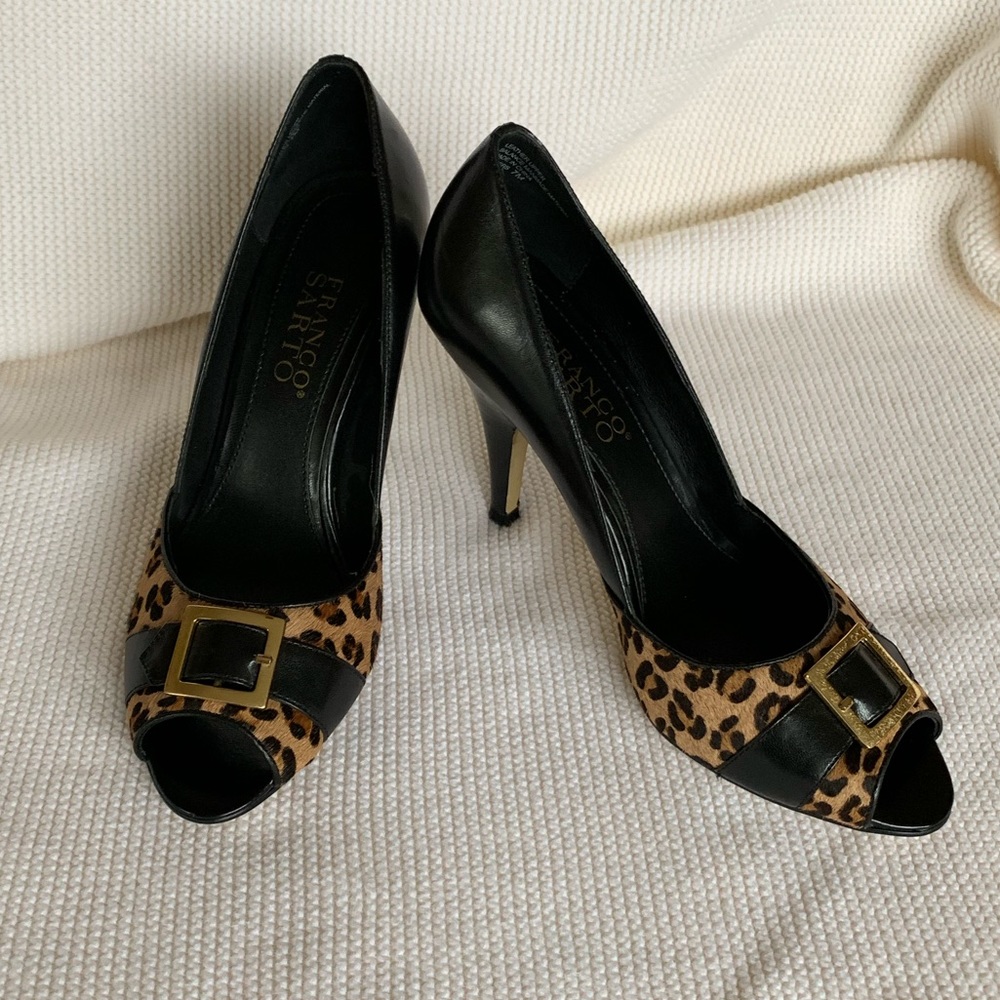 Franco Sarto Black Animal Print Peep Toe Heels